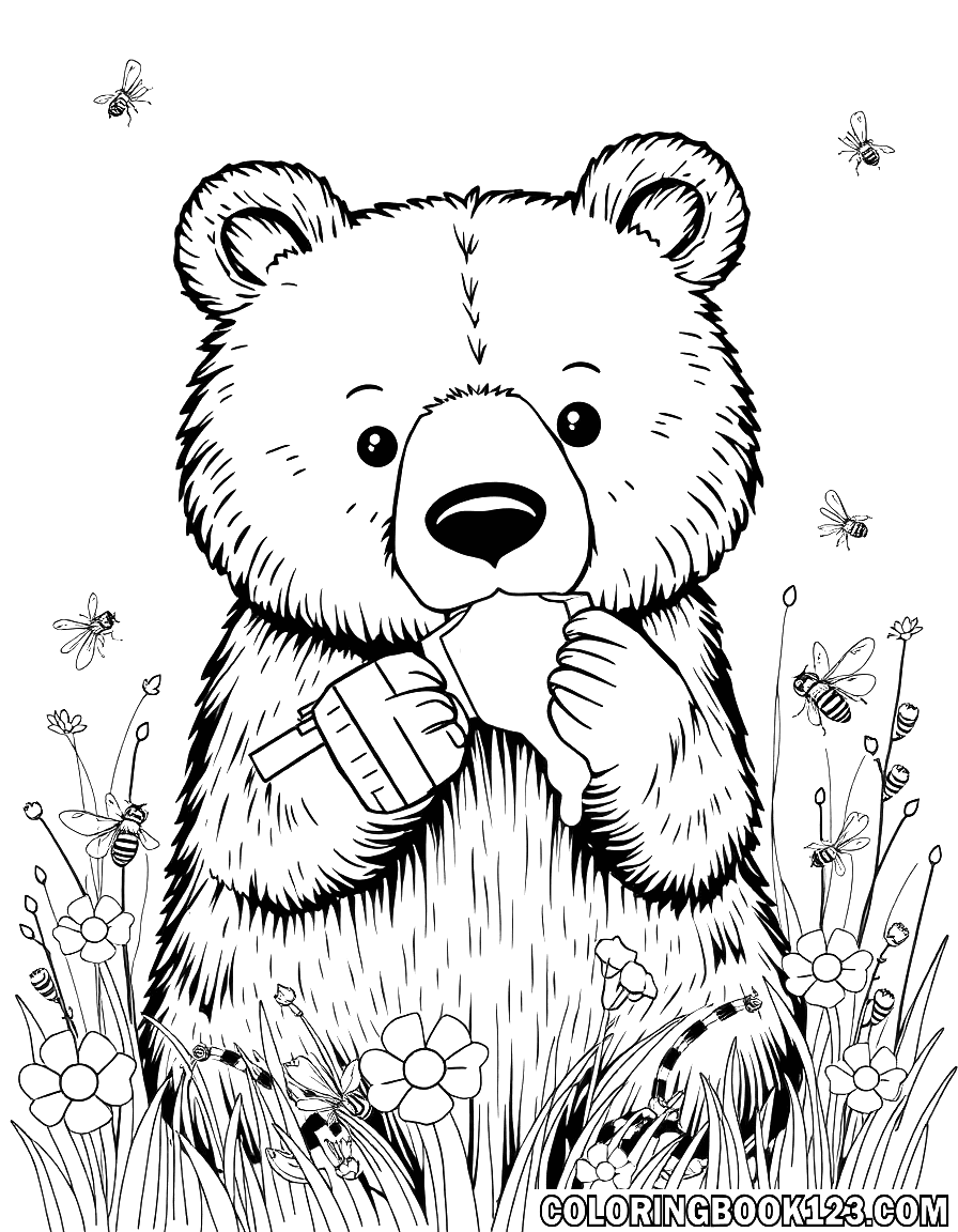 Bär, der Honig in einer Wiese mit Bienen isst.