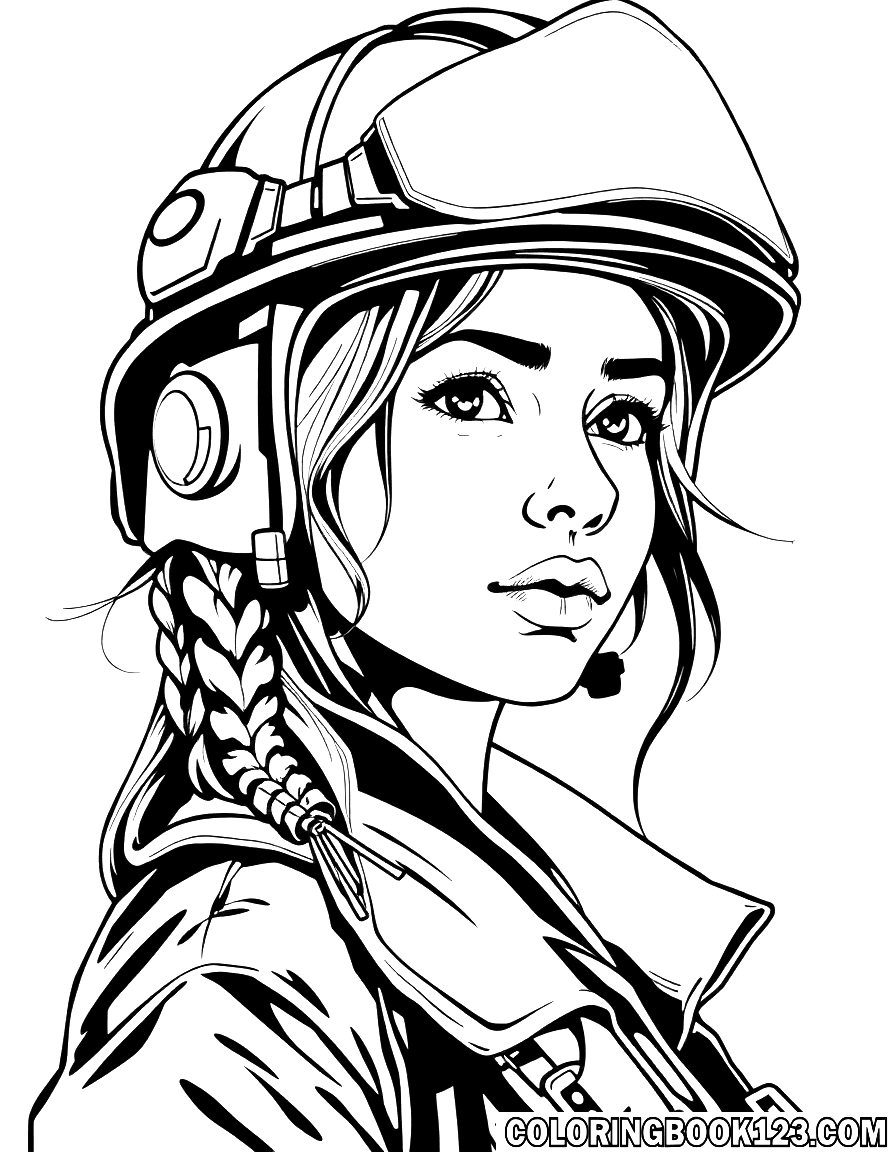 Ausmalbild einer Feuerwehrfrau in Linienzeichnung