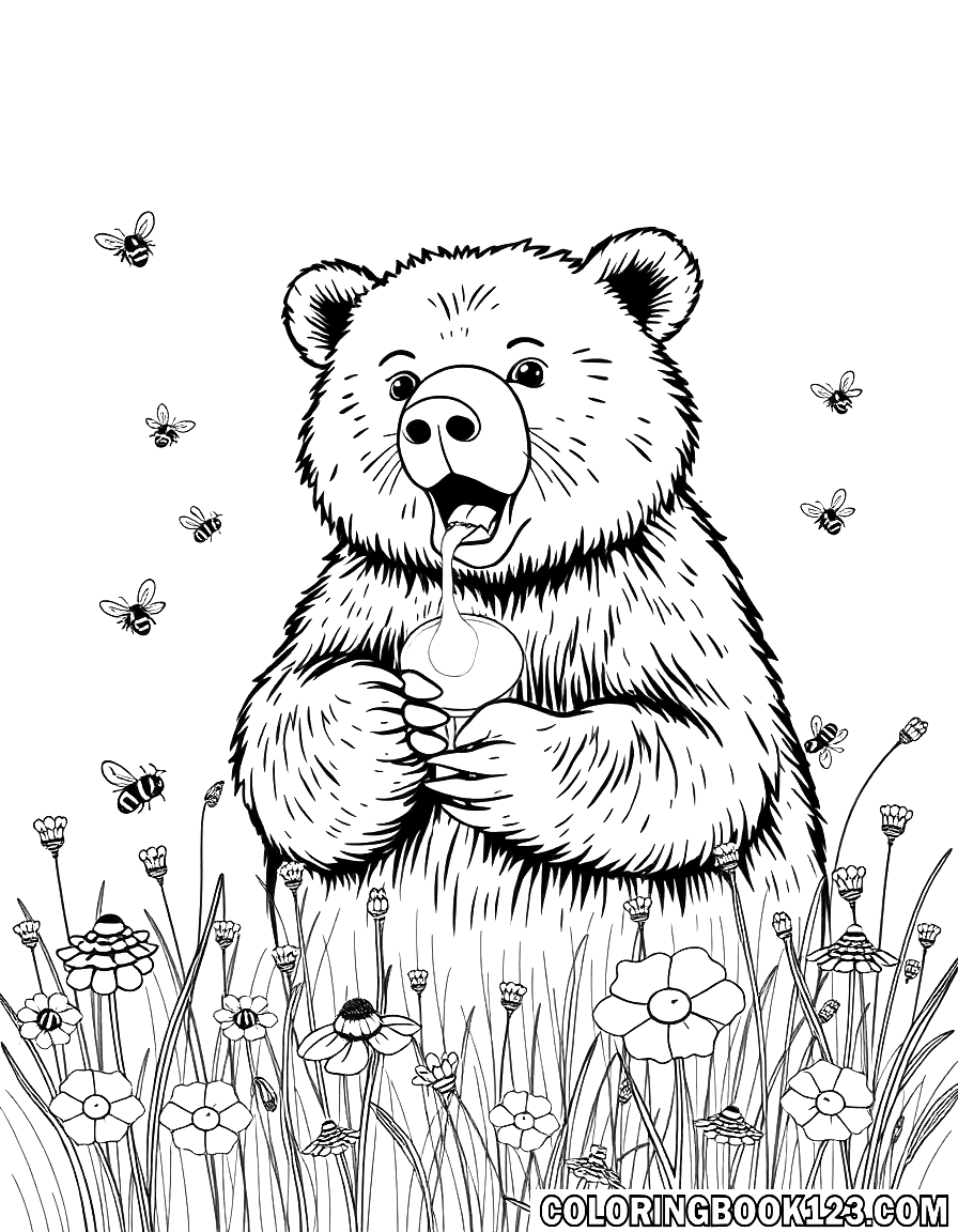 Bär, der Honig in einer Wiese mit Bienen isst.