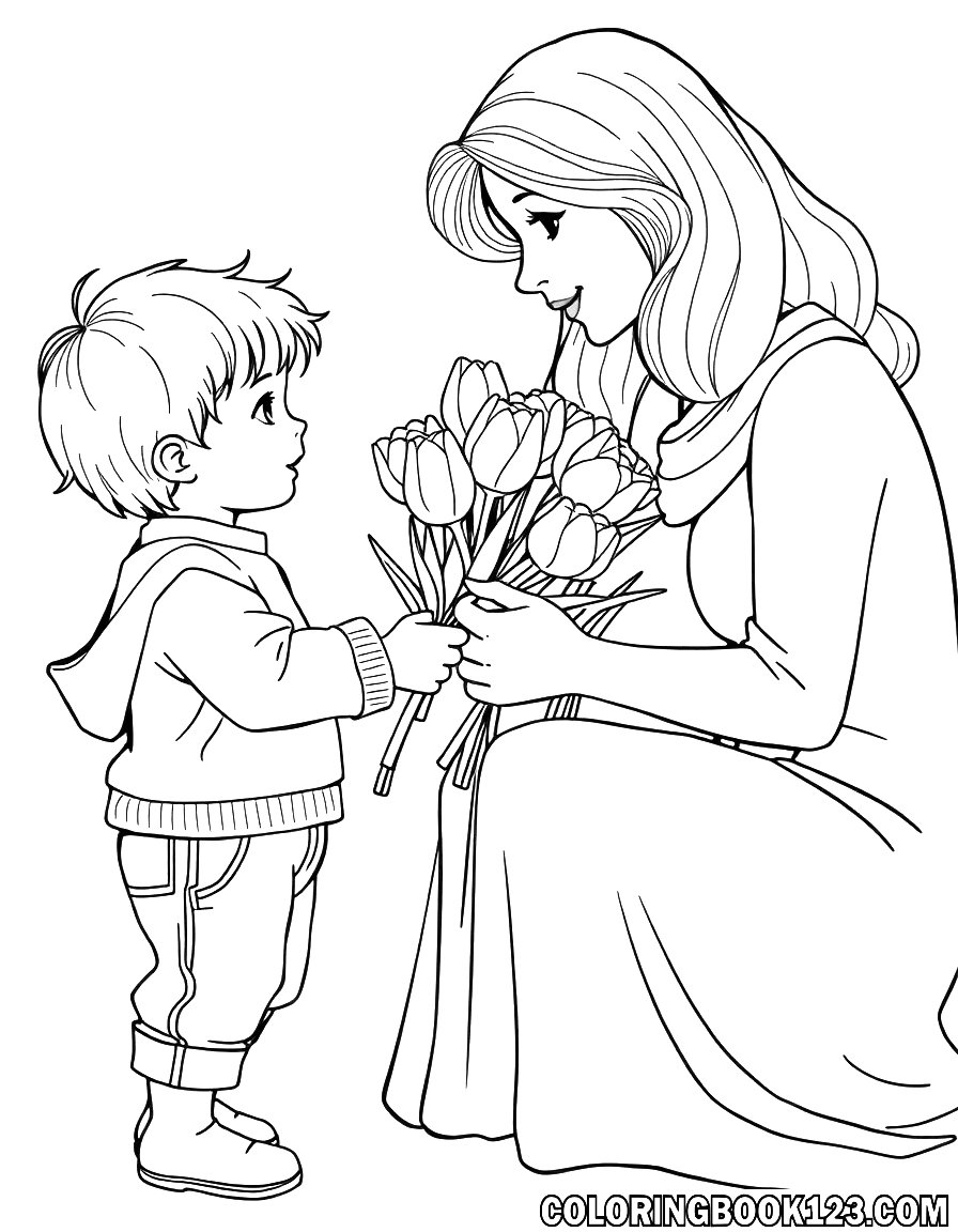 Ein Kind überreicht seiner Mutter einen Strauß Tulpen.