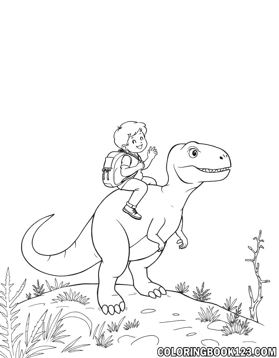 Kinder auf einem Dinosaurier beim Wandern