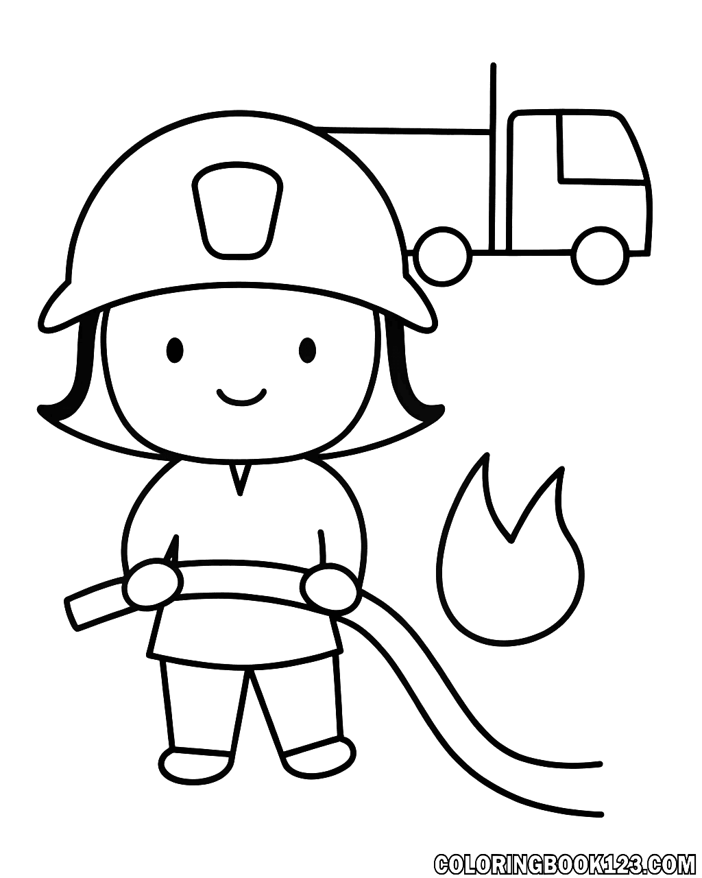 Ausmalbild einer Feuerwehrfrau mit Schlauch und Feuerwehrauto