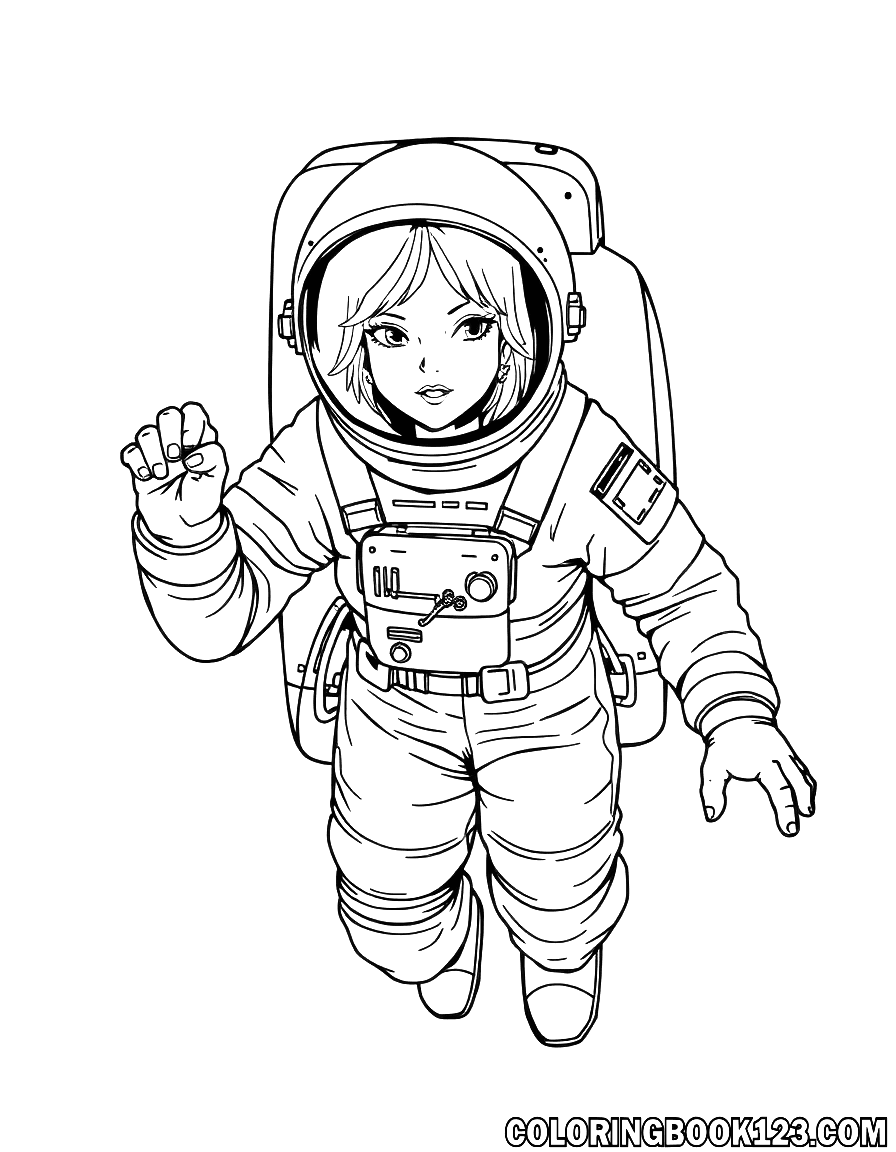 Ausmalbild einer Astronautin im Weltraum