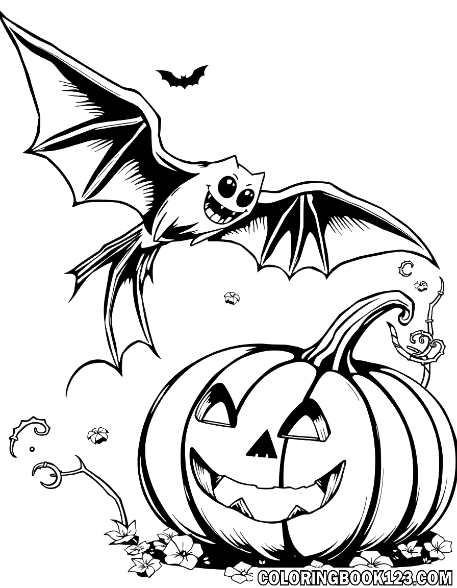 Halloween Ausmalbild mit Fledermaus und Kürbis