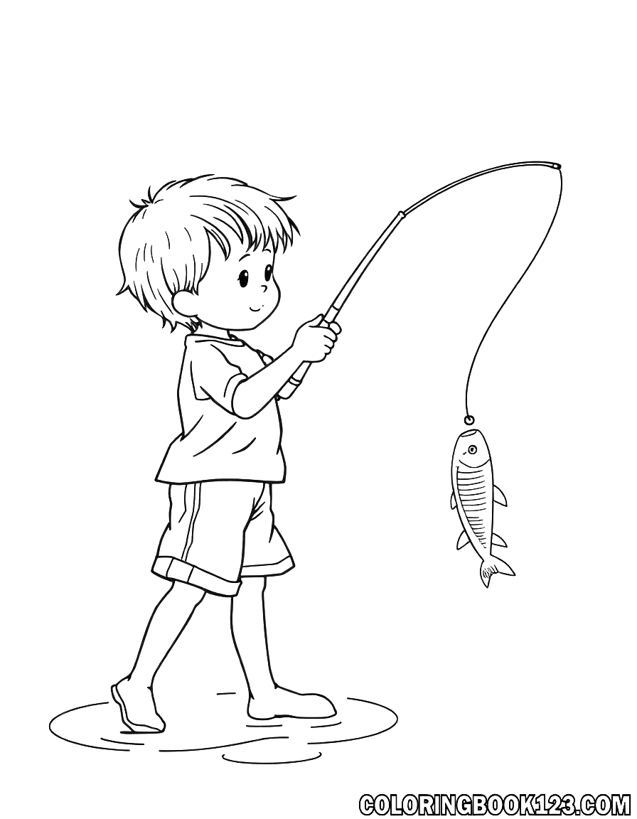 Ausmalbild von Kindern beim Angeln