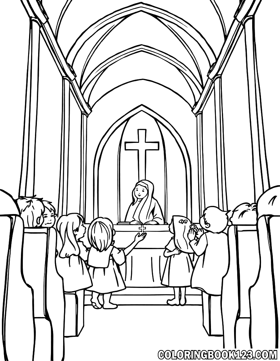 Ausmalbild von Kindern in einer Kirche