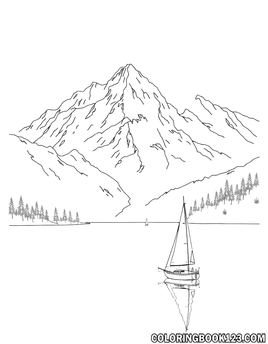 Ausmalbild eines Segelboots auf einem Bergsee