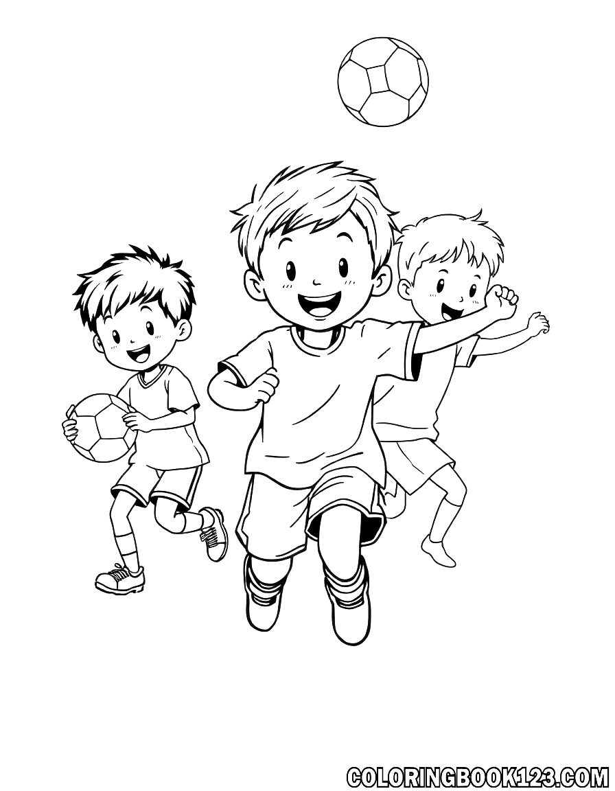 Ausmalbild von Kindern, die Fußball spielen.