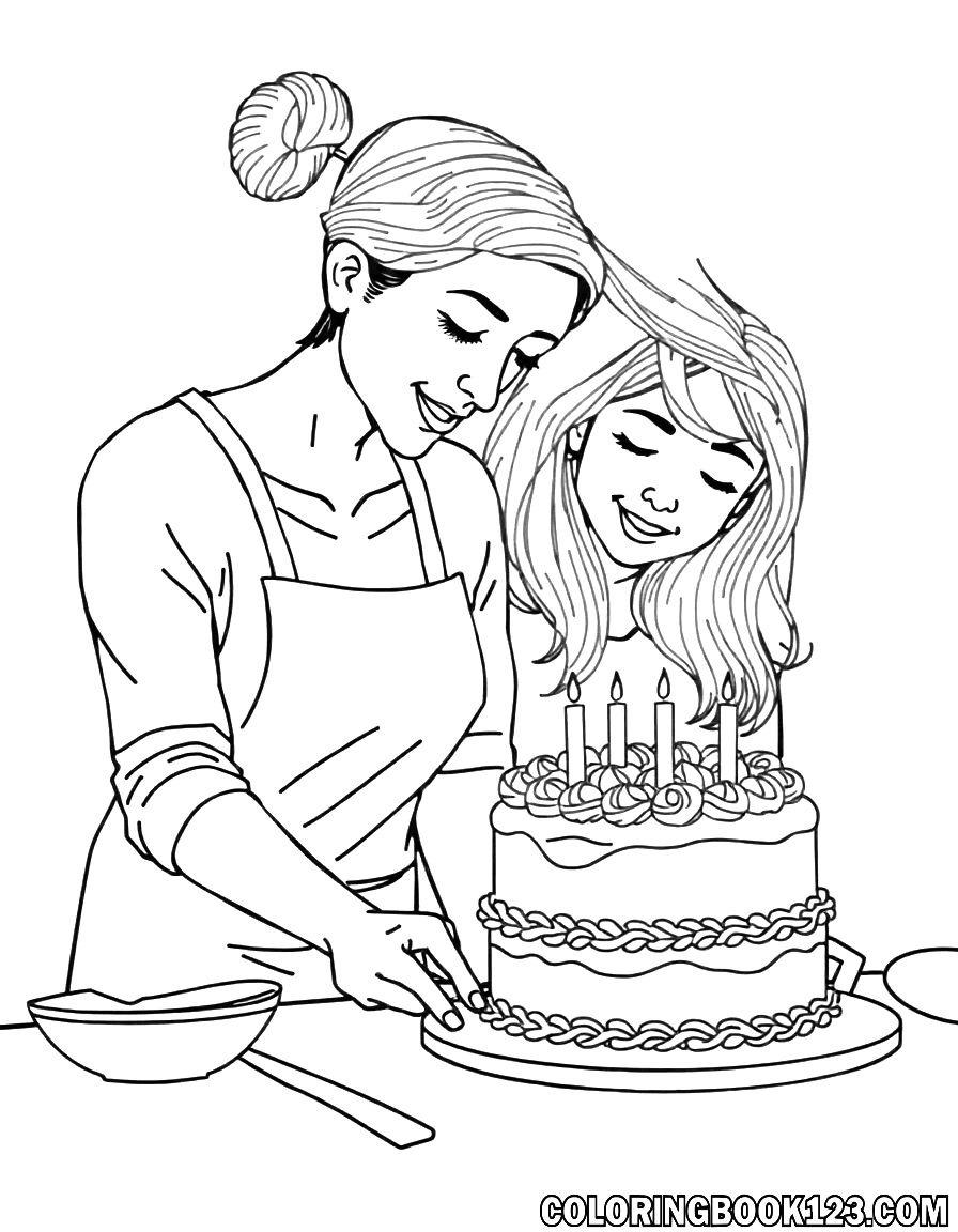 Ausmalbild von einer Mutter und ihrem Kind, die zusammen einen Kuchen backen.