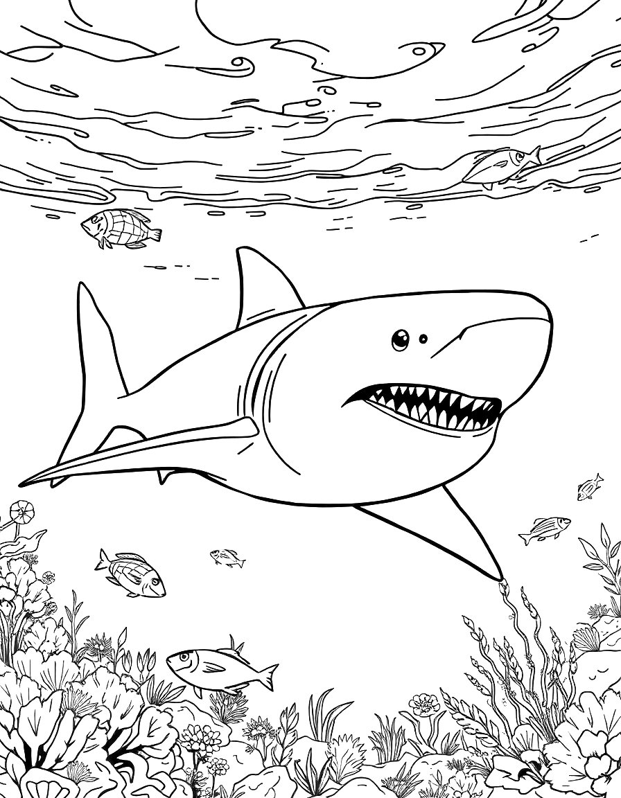 Ausmalbild eines Haifischs im Wasser mit anderen Fischen und Unterwasserlandschaft