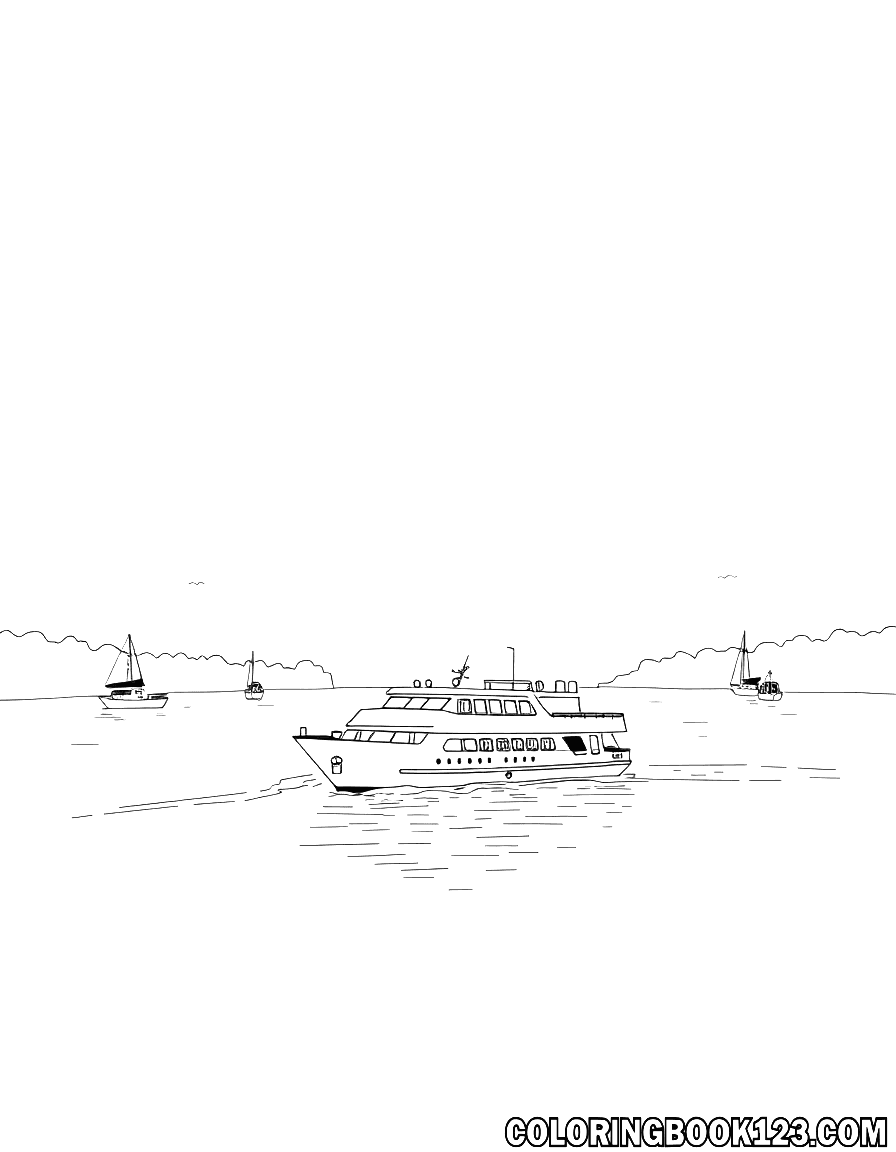 Ausmalbild eines kleinen Kreuzfahrtschiffs auf einem See mit anderen Booten.