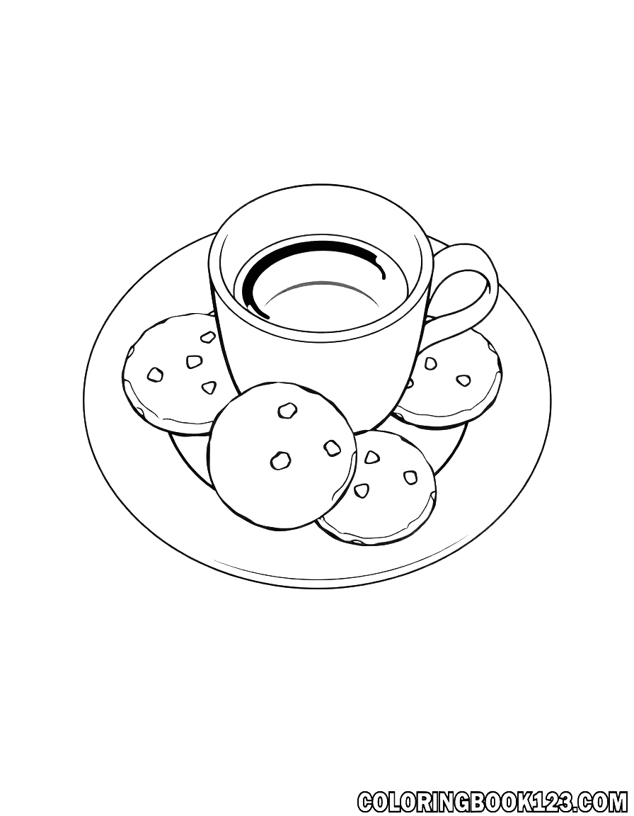 Ausmalbild von Keksen auf einem Teller mit einer Tasse Kaffee.
