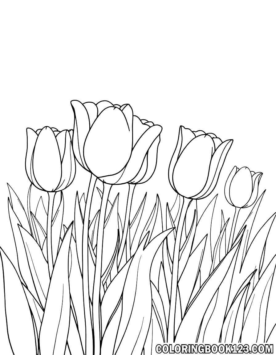 Ausmalbild von Tulpen in einem Blumenfeld