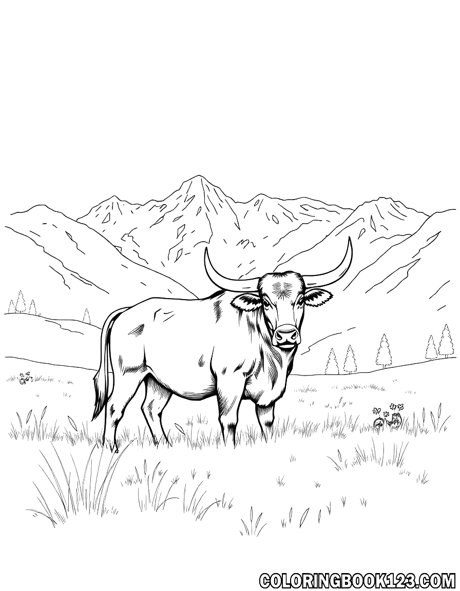 Ein Stier in einer Wiese in den Bergen, Ausmalbild