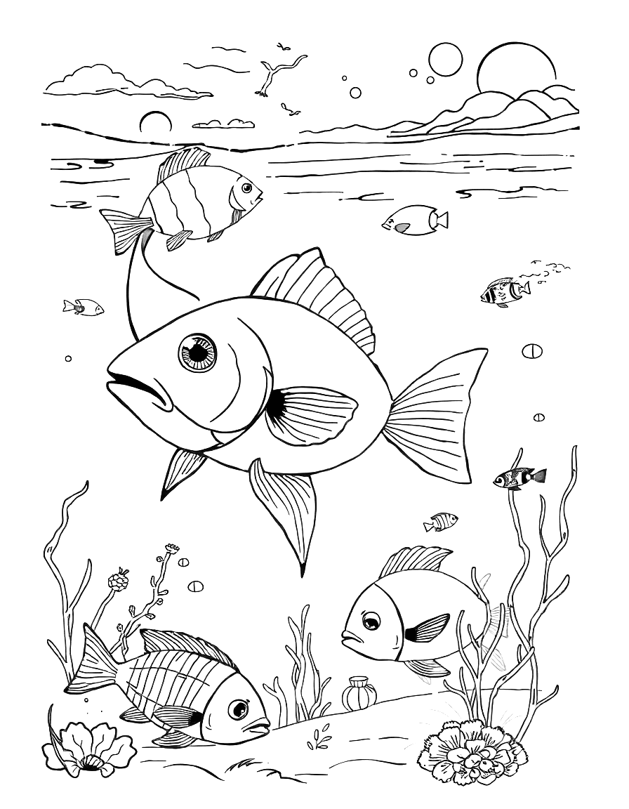 Ausmalbild von Fischen im Wasser mit Unterwasserlandschaft