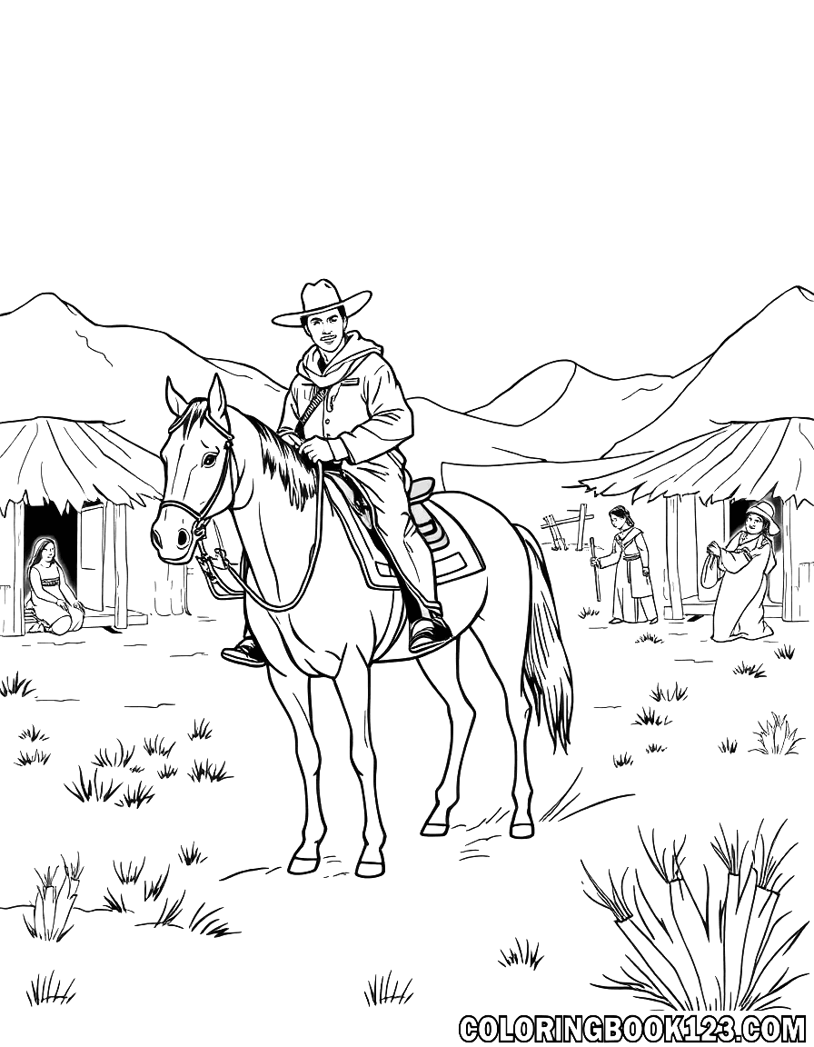 Cowboy auf einem Pferd in einem Indianerdorf