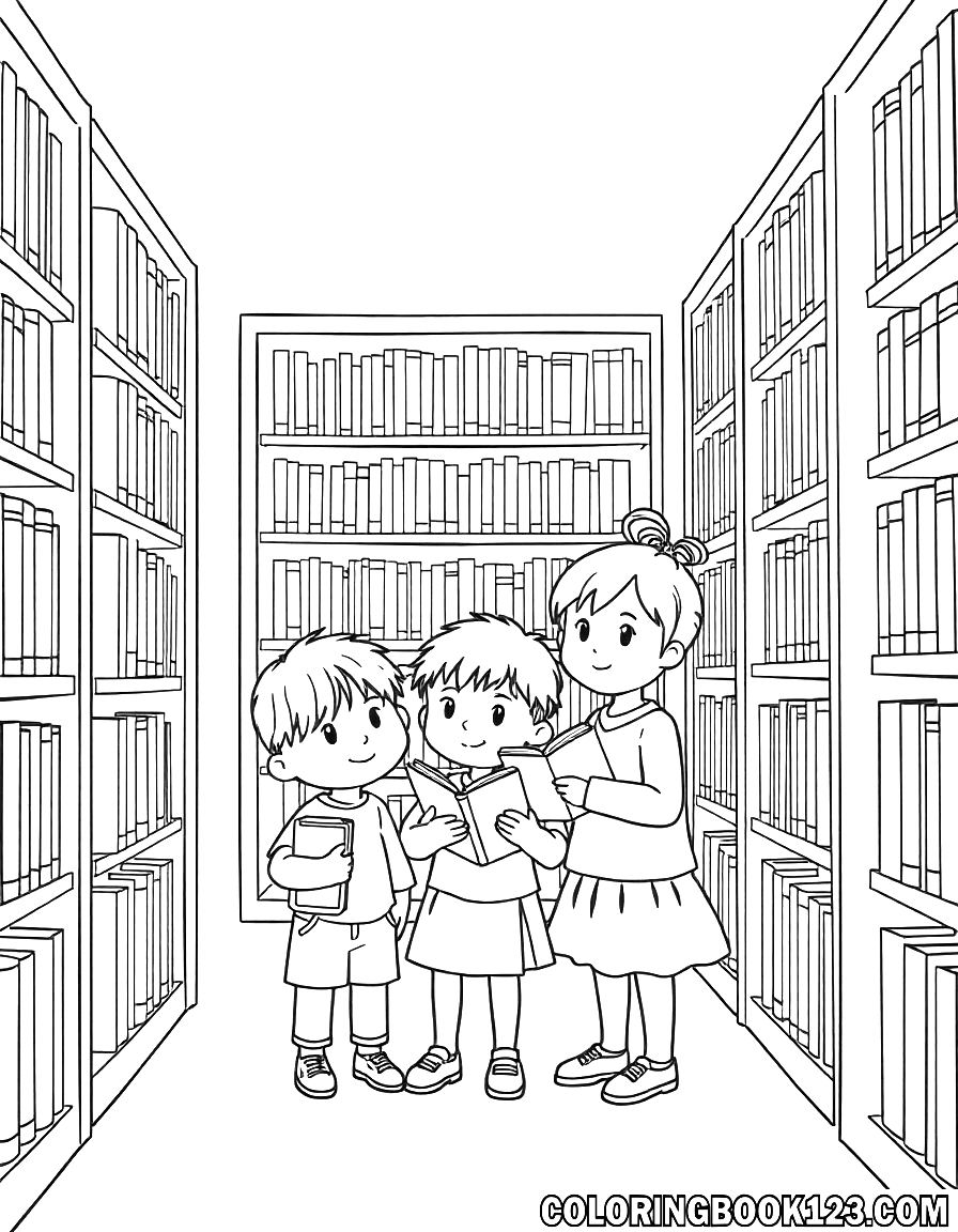 Ausmalbild einer Bibliothek mit Kindern