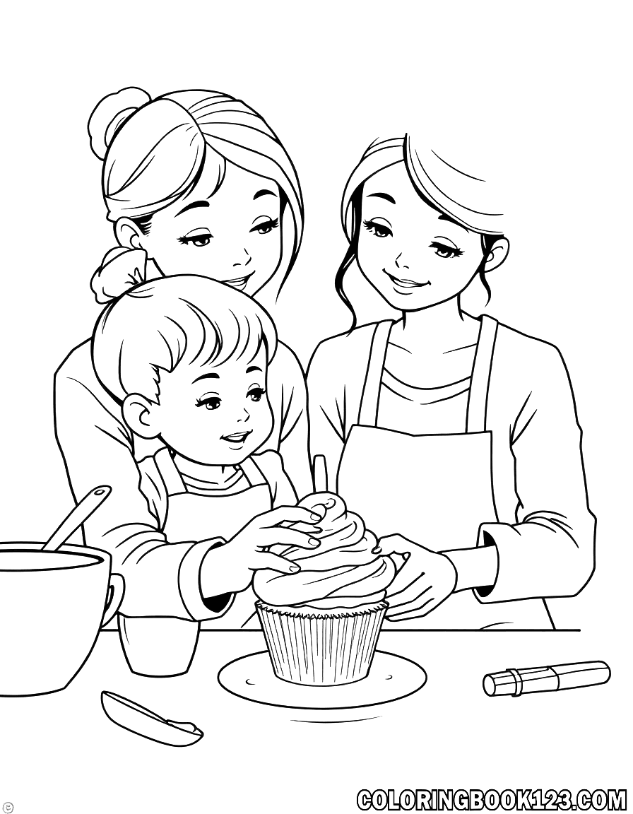 Ein Kind backt mit seiner Mama einen Cupcake in einer Küche.