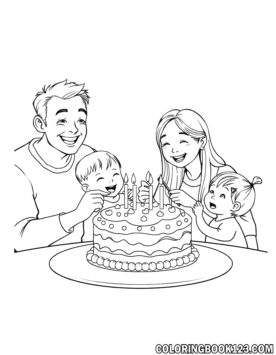 Familie isst Kuchen Ausmalbild