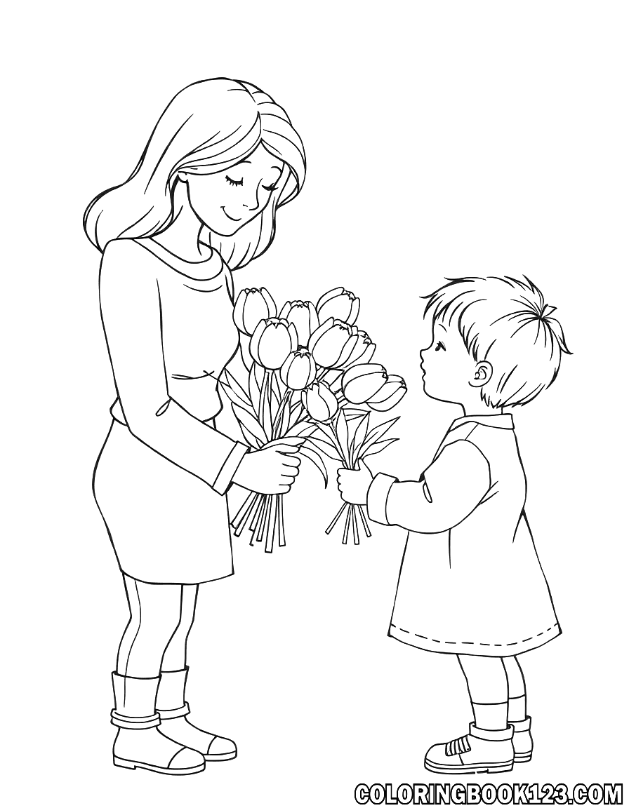 Kind überreicht Mutter einen Tulpenstrauß
