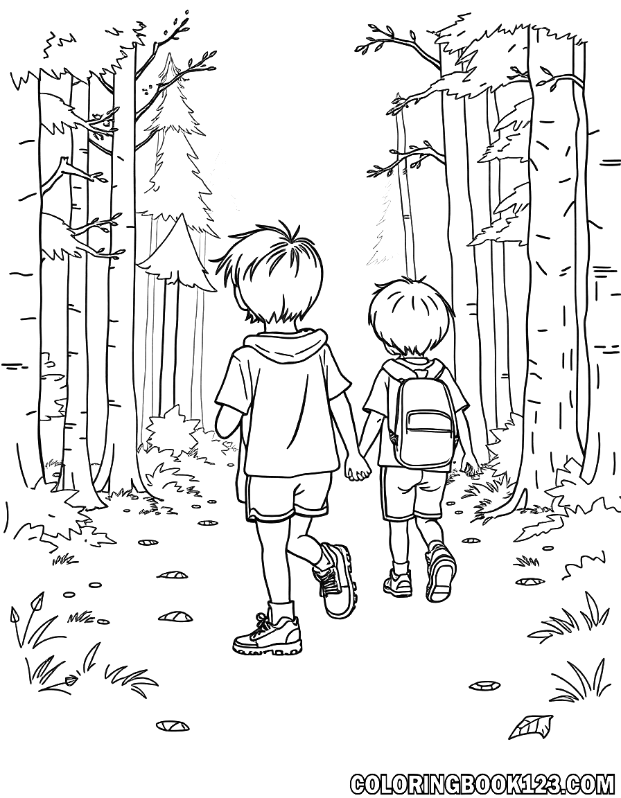 Ausmalbild von Kindern, die durch den Wald gehen.