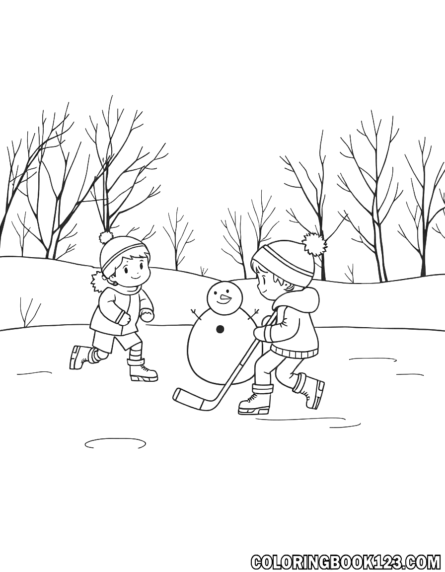 Kinder spielen Eis-Hockey mit einem Schneemann im Winter