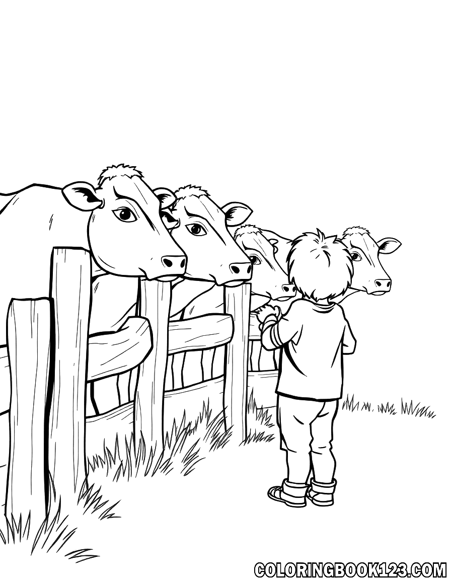 Ausmalbild von Kindern, die Kühe am Zaun beobachten.