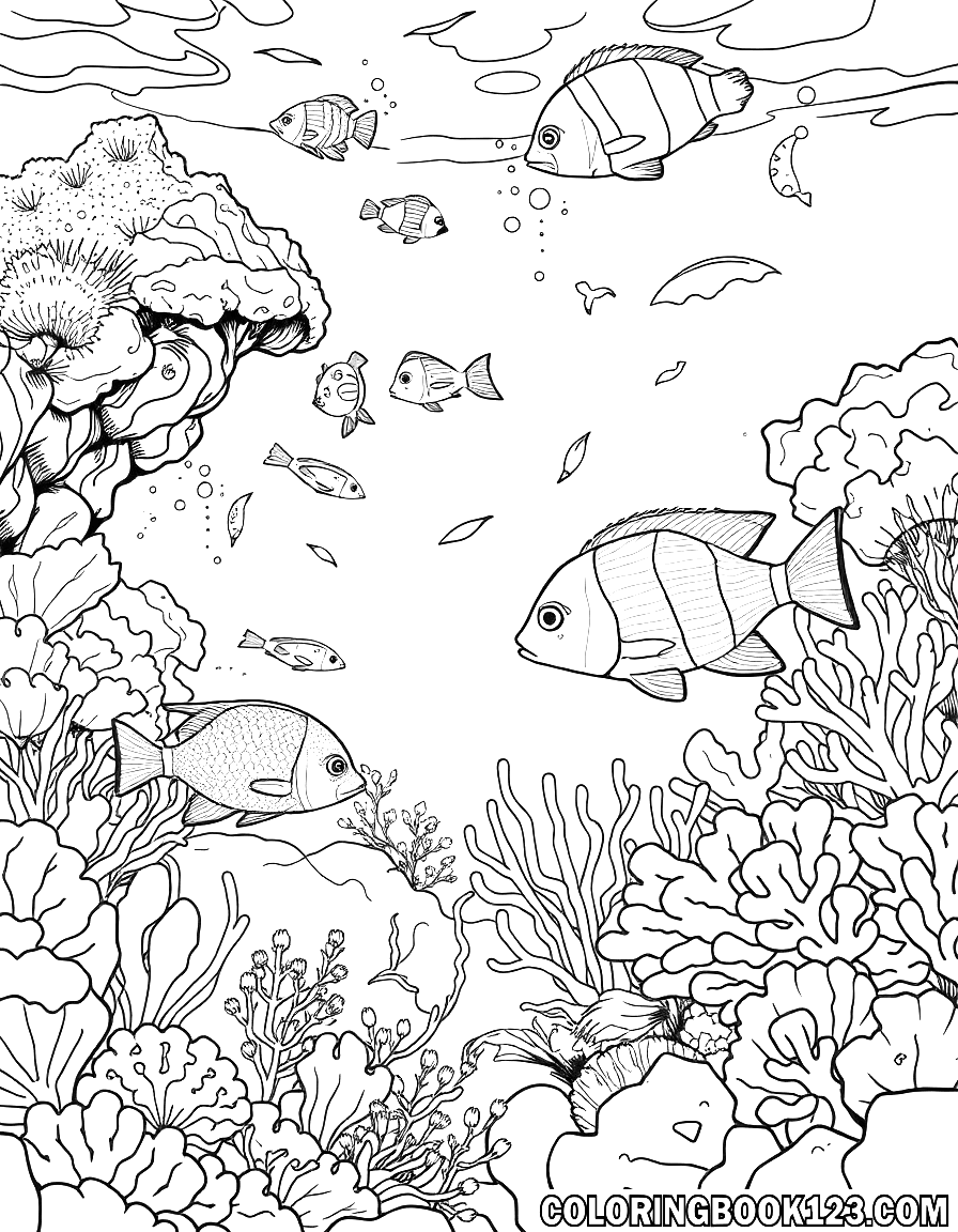 Unterwasserwelt Ausmalbild mit Fischen und Korallen