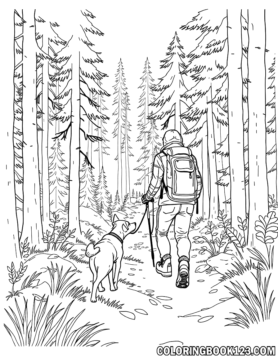 Ausmalbild Wandern mit Hund im Wald