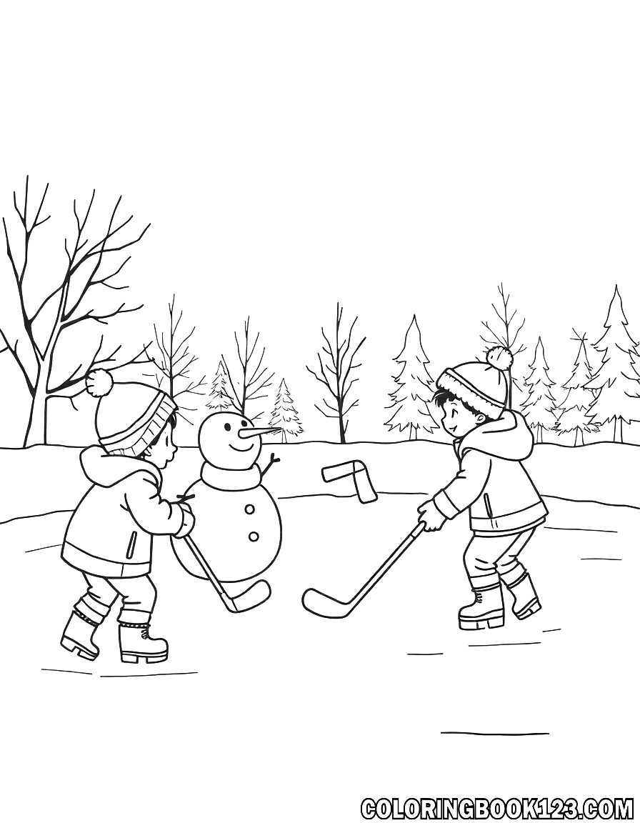 Kinder spielen Eishockey mit einem Schneemann im Winter