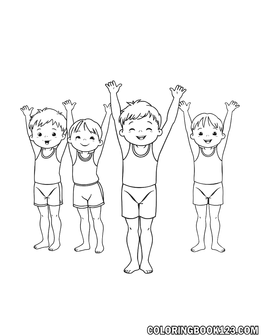 Ausmalbild von Kindern beim Turnen