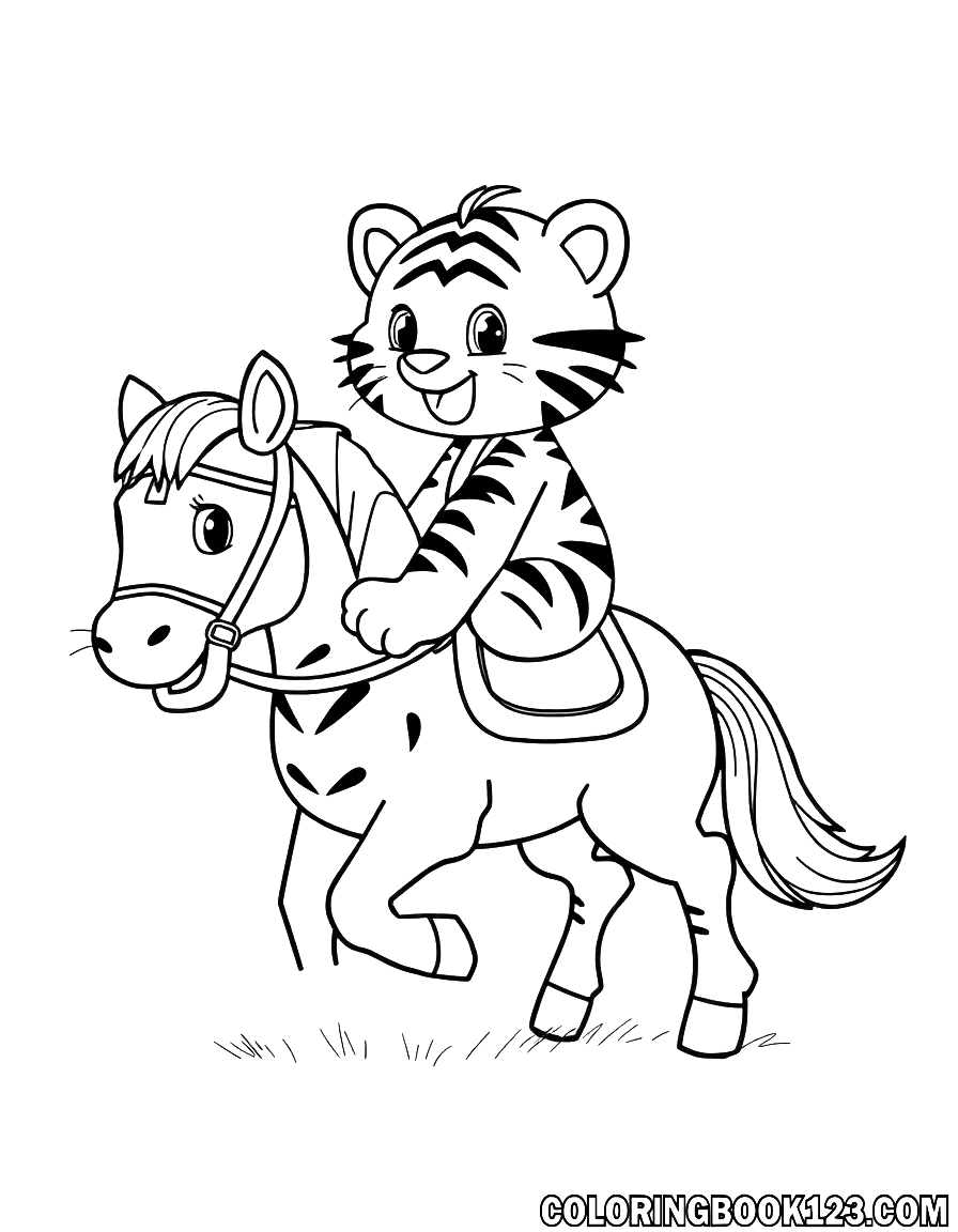 Ein süßer Tiger, der auf einem Pferd reitet, in Schwarz-Weiß-Linienkunst.
