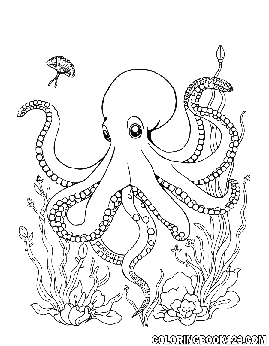 Oktopus und Meerespflanzen Ausmalbild