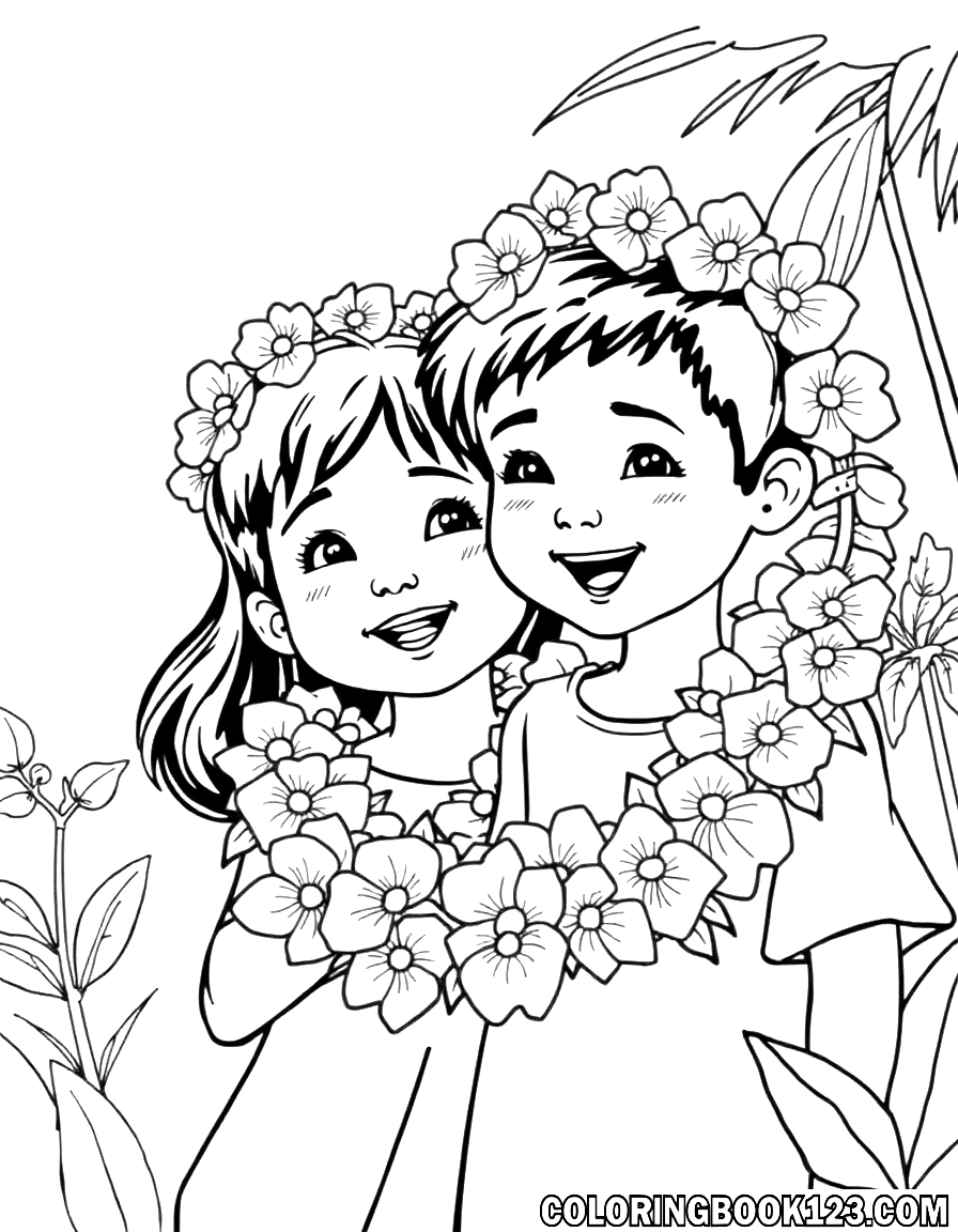 Ausmalbild von Kindern mit Kranz in Hawaii