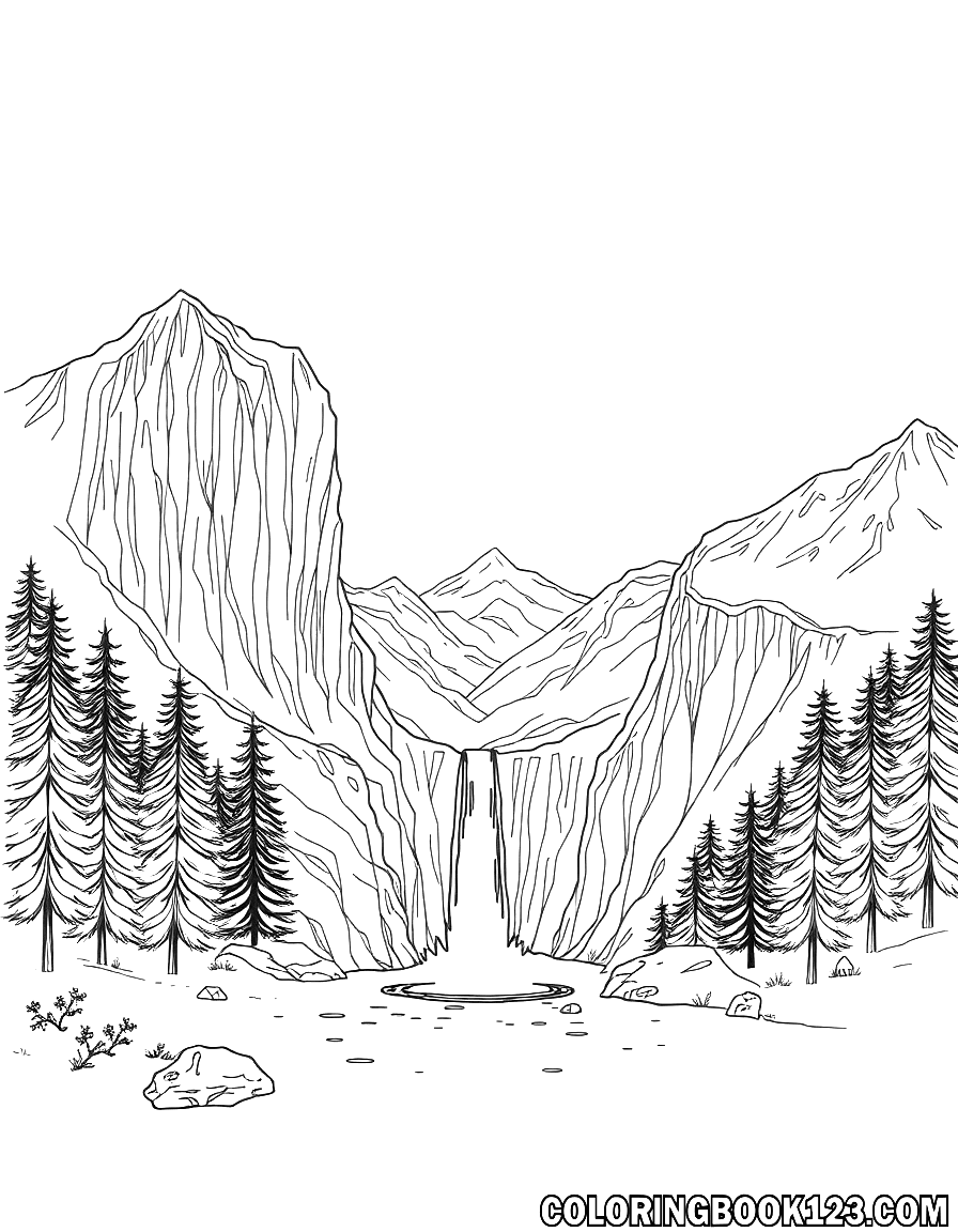 Ausmalbild eines Wasserfalls mit einem See in den Bergen
