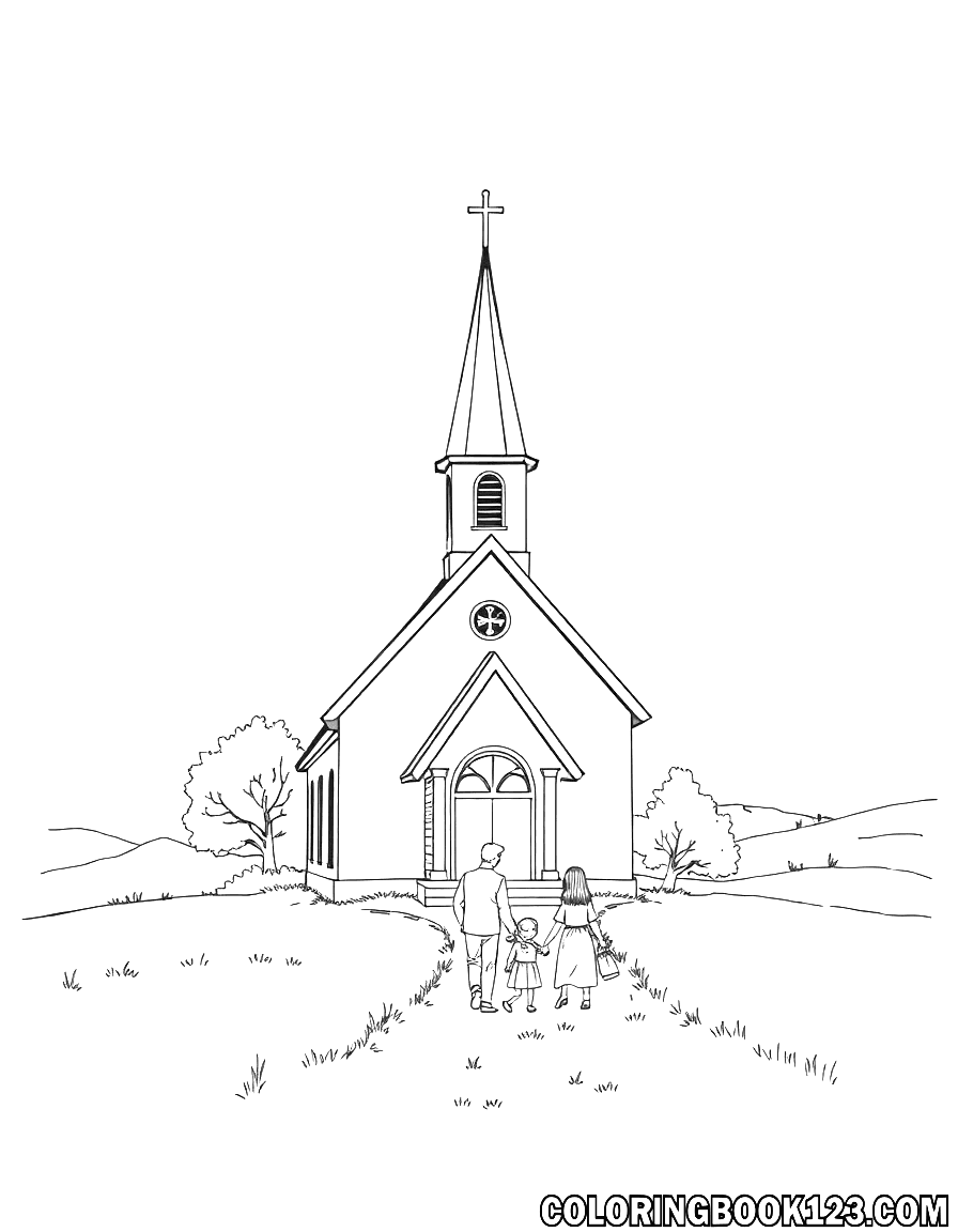 Ausmalbild einer Kirche mit einer Familie im ländlichen Raum