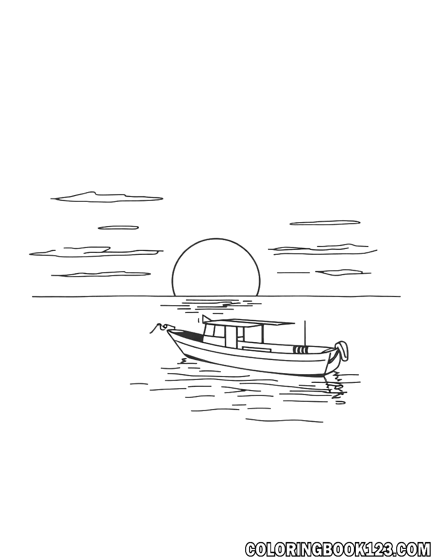 Ausmalbild eines Sonnenaufgangs am Meer mit einem Boot