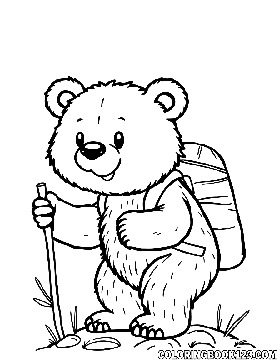Süßer Bär beim Wandern Ausmalbild