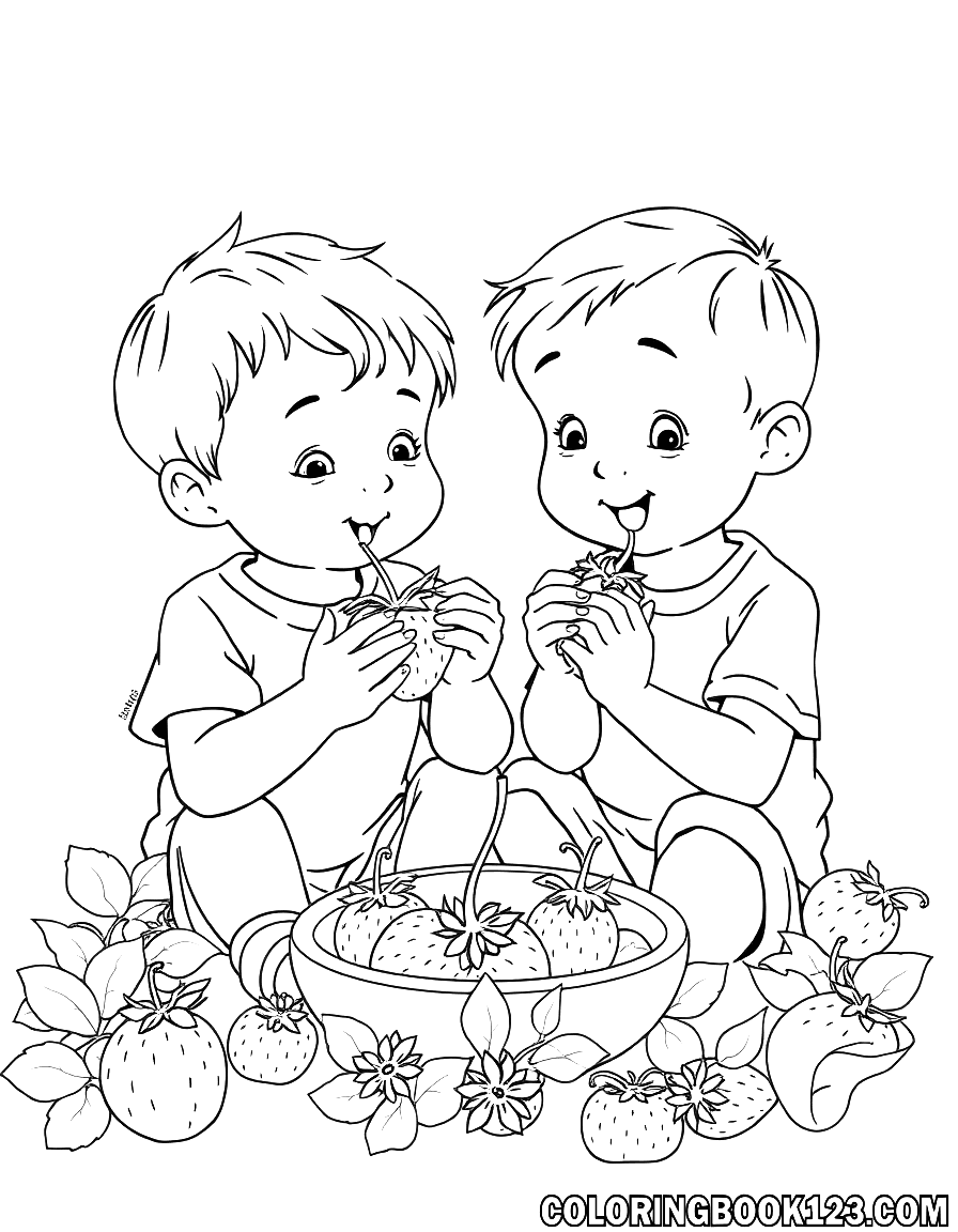 Ausmalbild von Kindern, die Erdbeeren essen