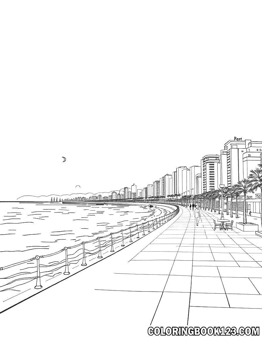 Ausmalbild einer Küstenpromenade mit Gebäuden und Palmen