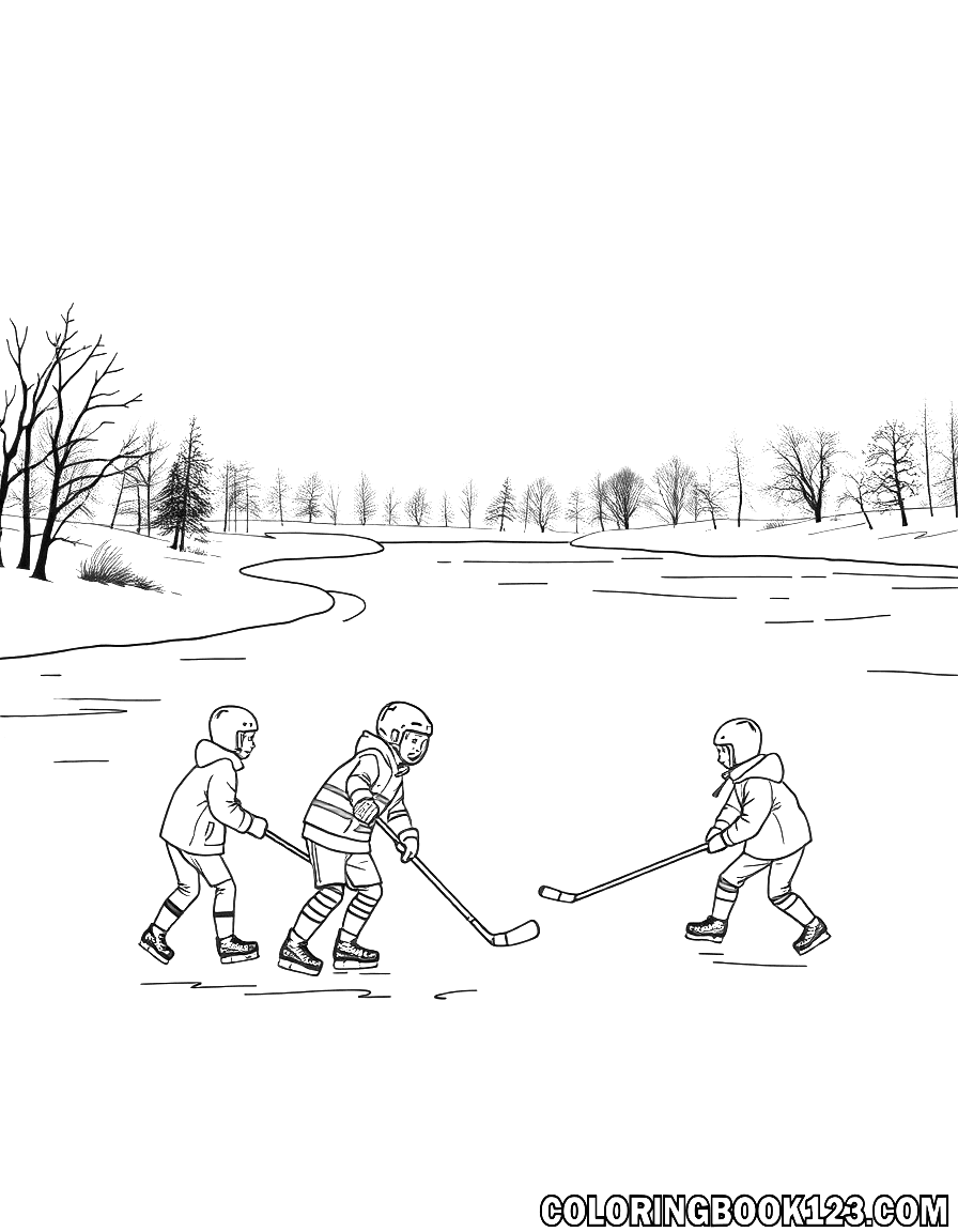 Kinder spielen Eis-Hockey auf einem See im Winter