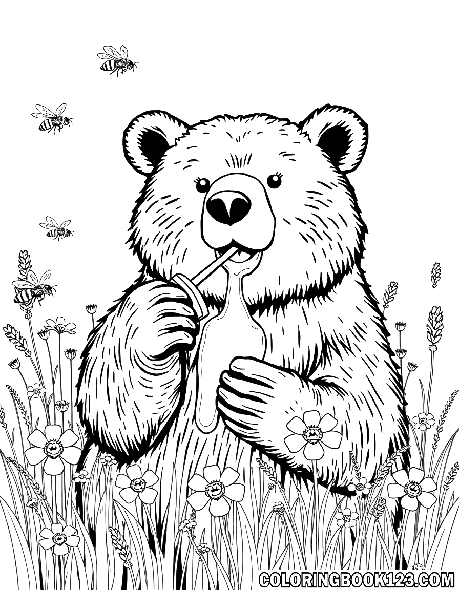 Bär, der Honig in einer Wiese isst