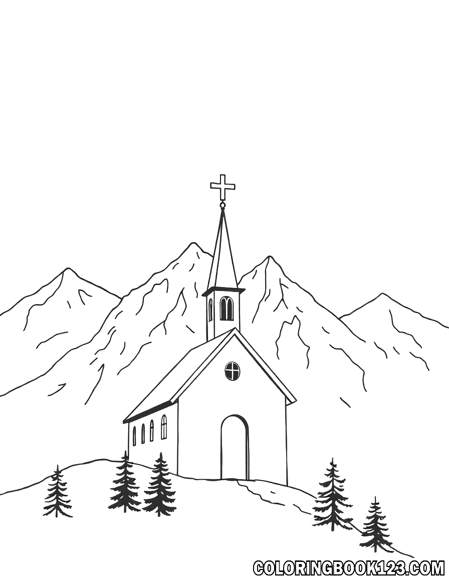 Ausmalbild einer Kirche in den Bergen