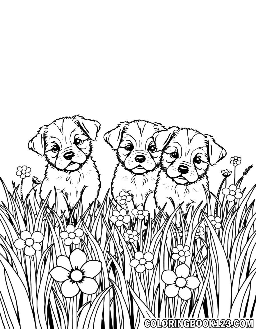 Ausmalbild von drei Welpen im Gras mit Blumen