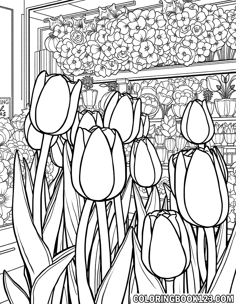 Ausmalbild von Tulpen in einem Blumenladen