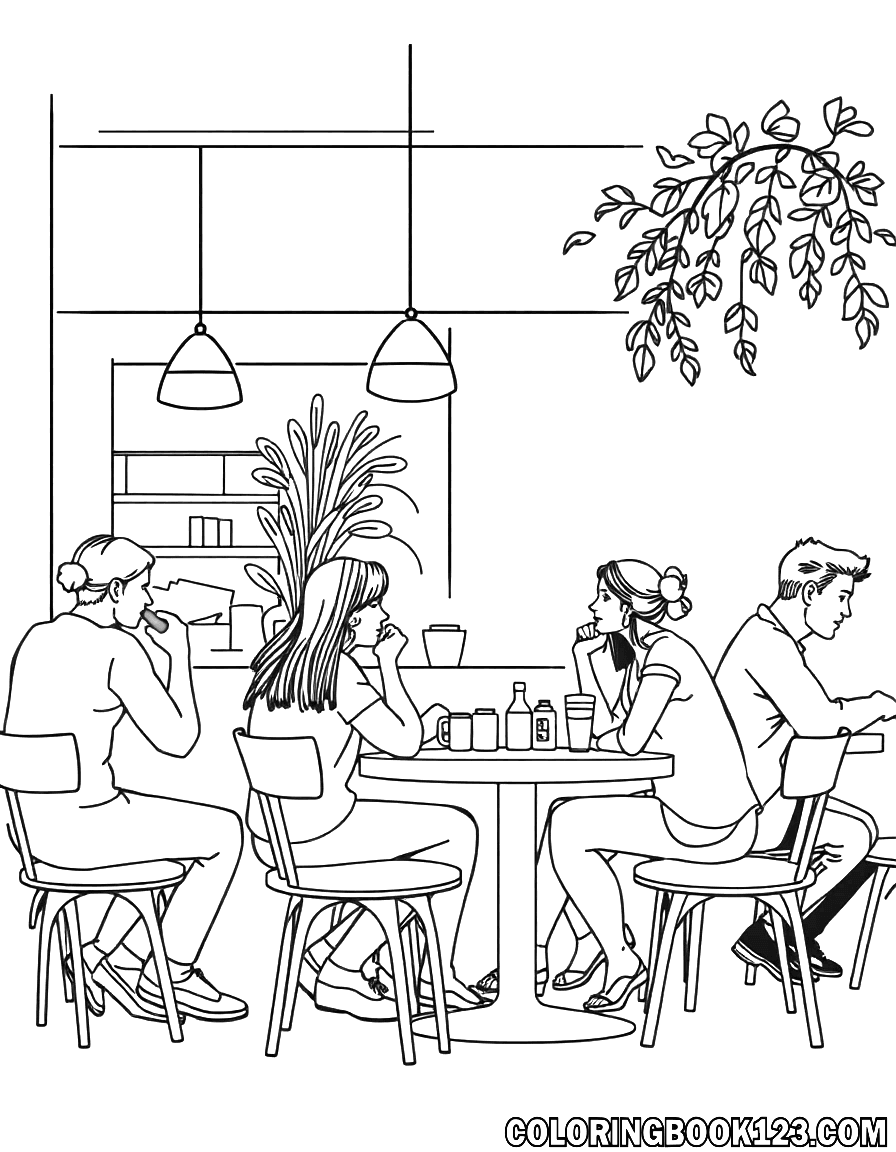 Ausmalbild von Menschen in einem Café