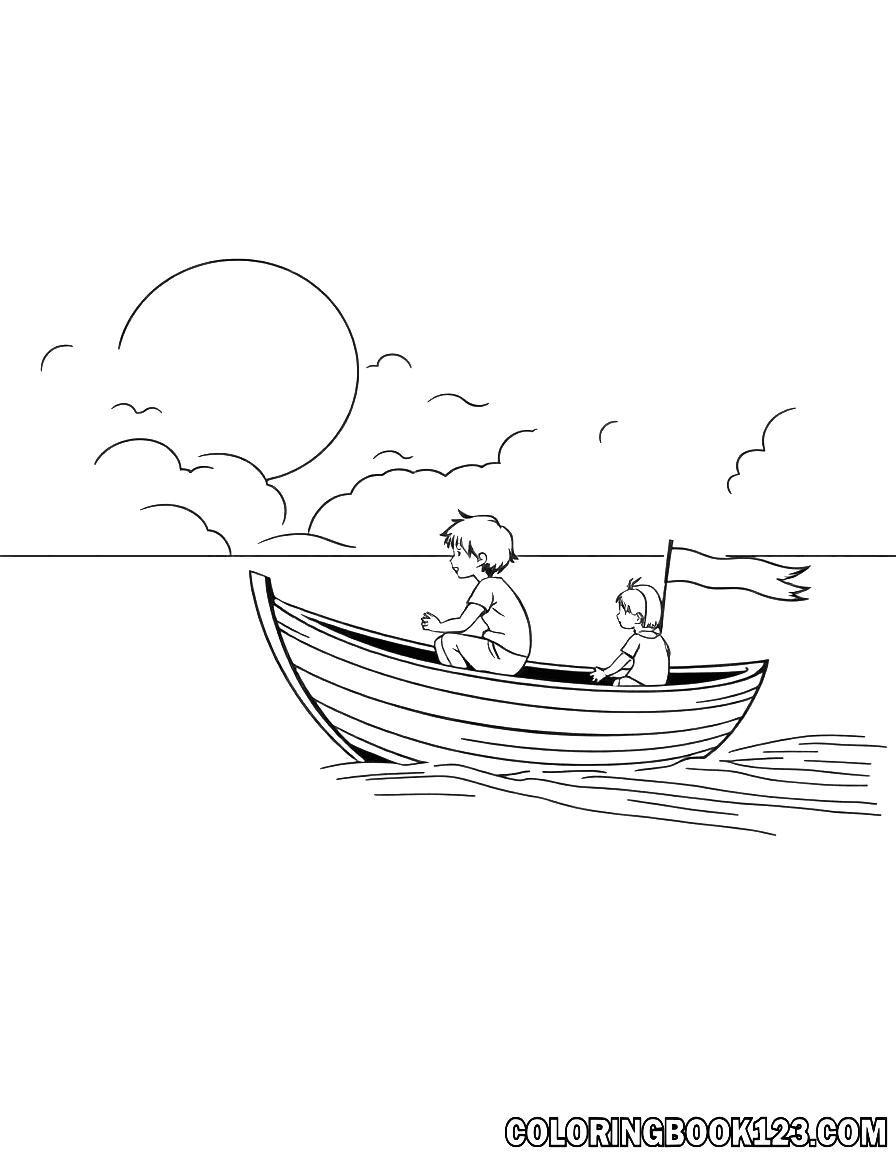 Ausmalbild von Kindern im Boot
