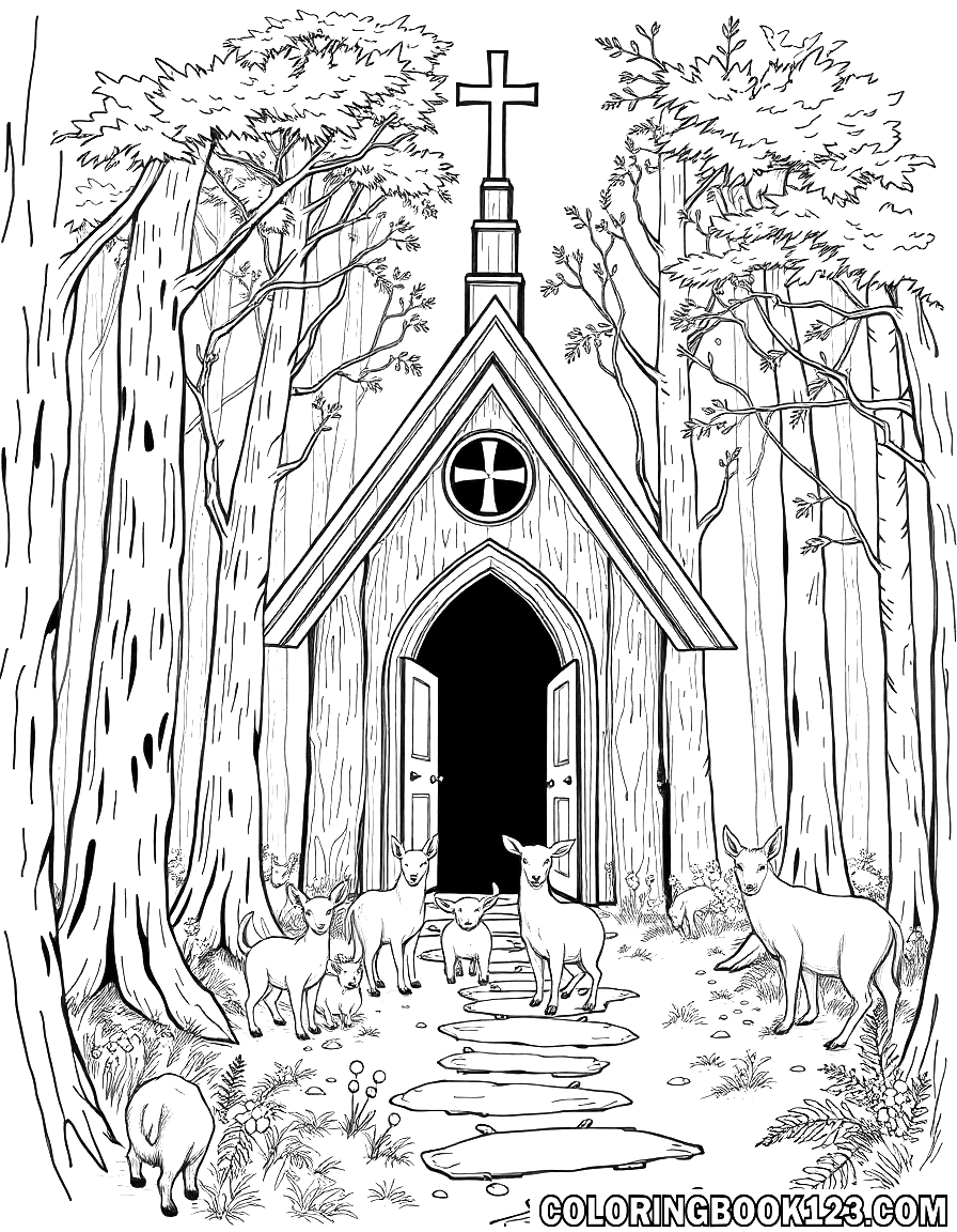 Tiere betreten eine Waldkirche