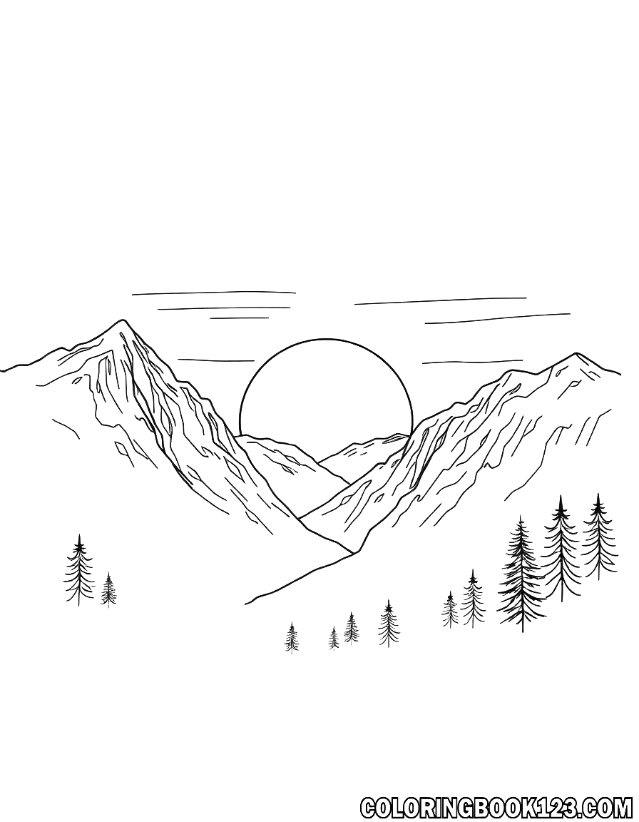 Ausmalbild eines Sonnenaufgangs in den Bergen