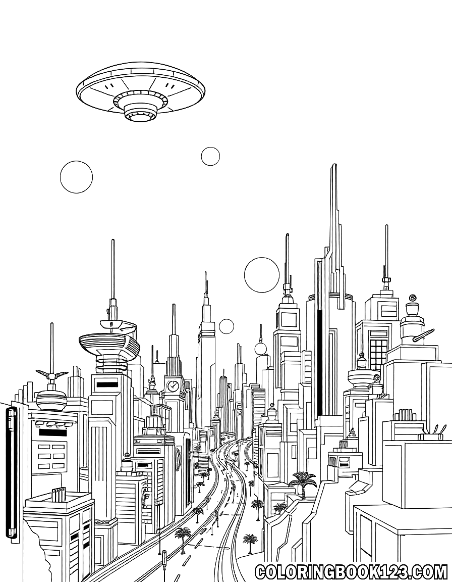 Futuristische Stadt mit UFOs Ausmalbild